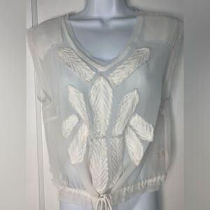 FREE PEOPLE Elegant Sheer White Embroidered Top w Draw Sting